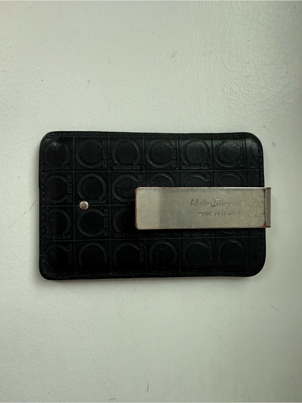 Men Salvatore Ferragamo Black Leather Card Holder with Silvery Money Clip